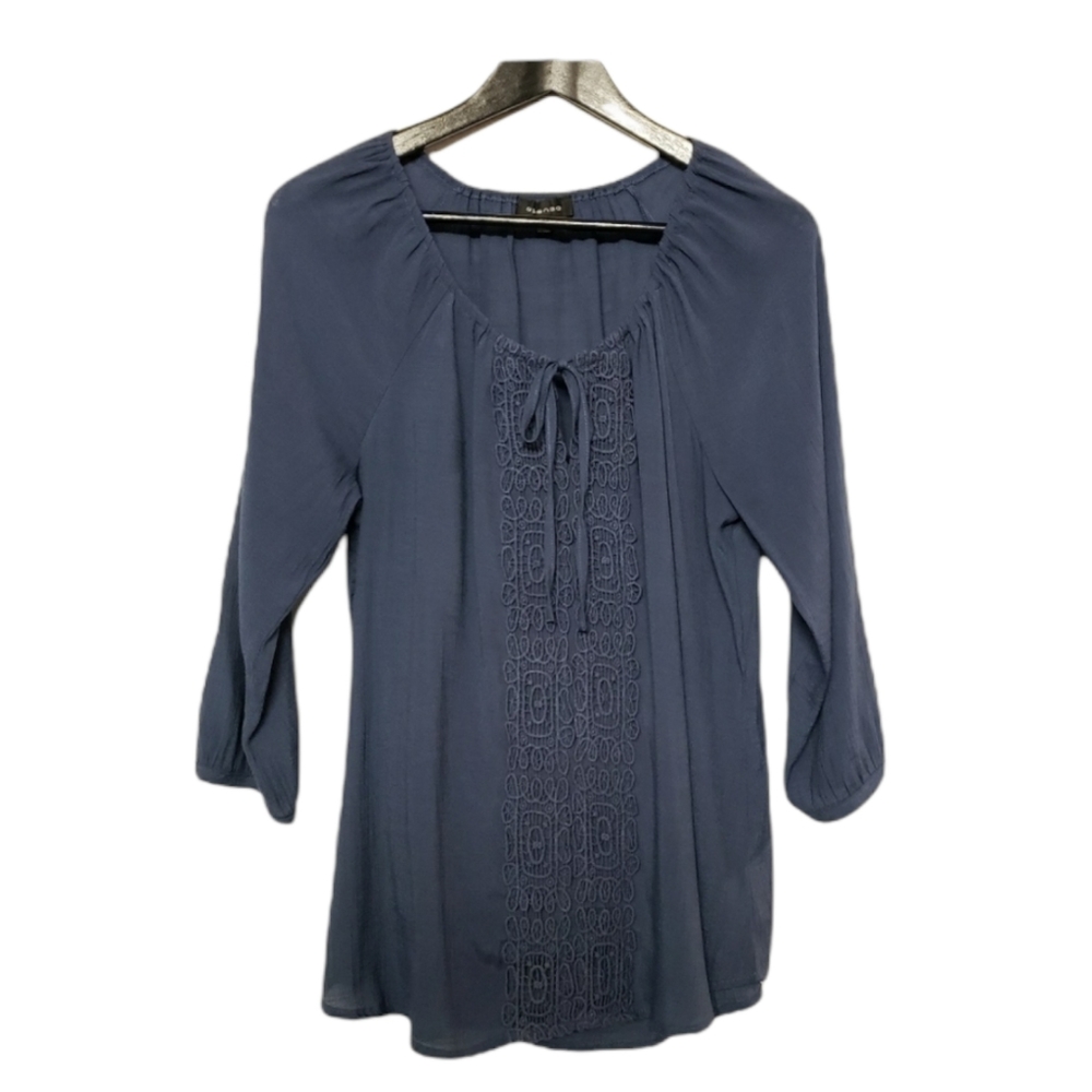 Spense Blue Embroidered Tie Front Blouse Size S Scoop Neck‎ 3/4 Sleeves